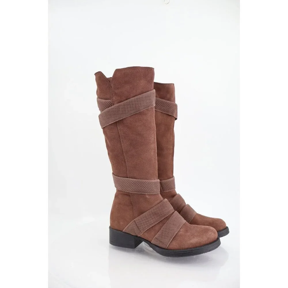 Miz Mooz Women's Noland Knee High Brown Suede Boot Size 36 6 Zip up Block Heel